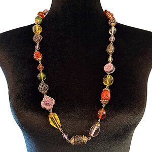 PJM Phoenix Jewelry Manufacturing Necklace Long Length Beaded Flowers Gold Tone